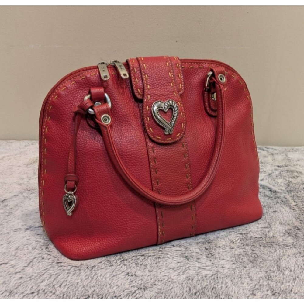 M.C. Satchel Double Top Handles Handbag Pebbled Red Vegan Leather Heart Charm